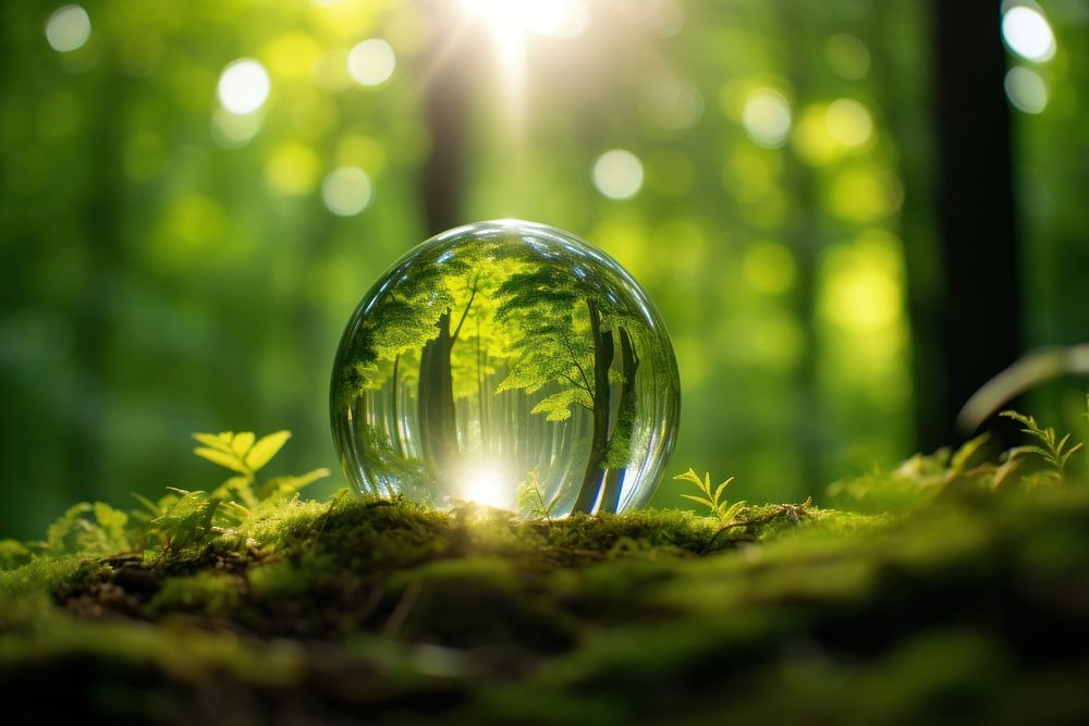 Earth Globe Glass In Green Forest sunlight green outdoors.