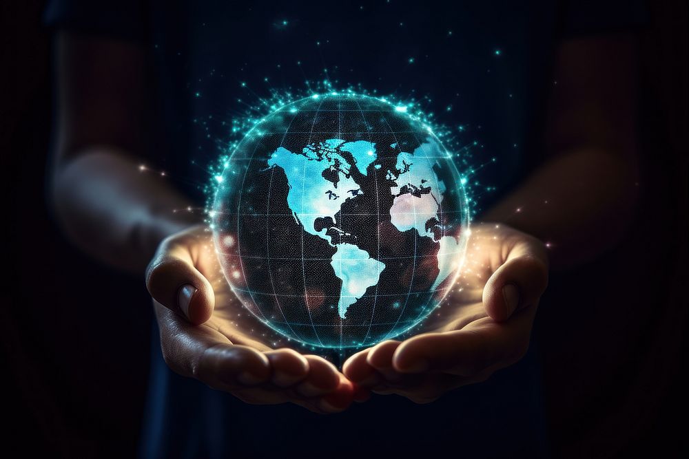 Hand holding digital global network connection globe planet world.