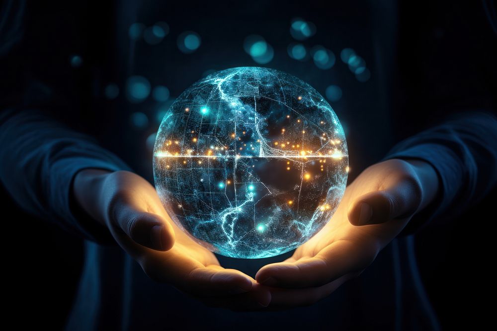 Hand holding digital global network connection universe sphere space.