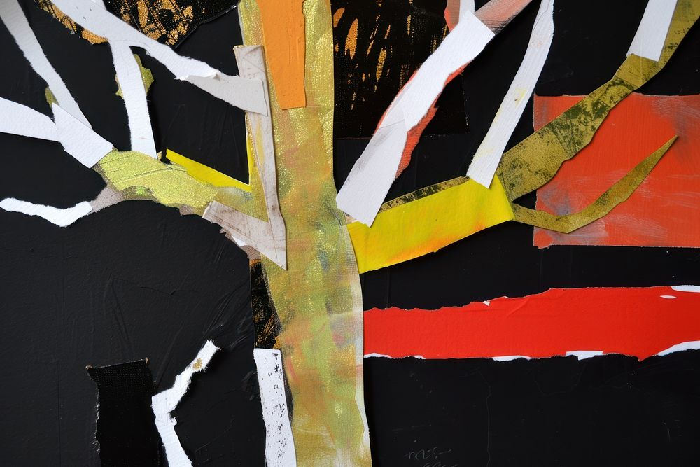 Abstract tree ripped paper art painting collage.