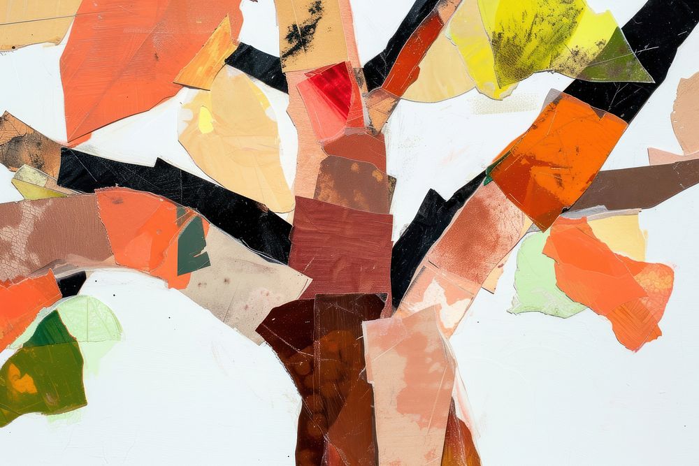 Abstract tree ripped paper collage art painting.