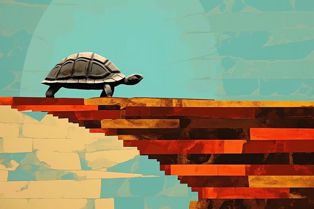 Abstract turtle bridge ripped paper collage art reptile architecture.