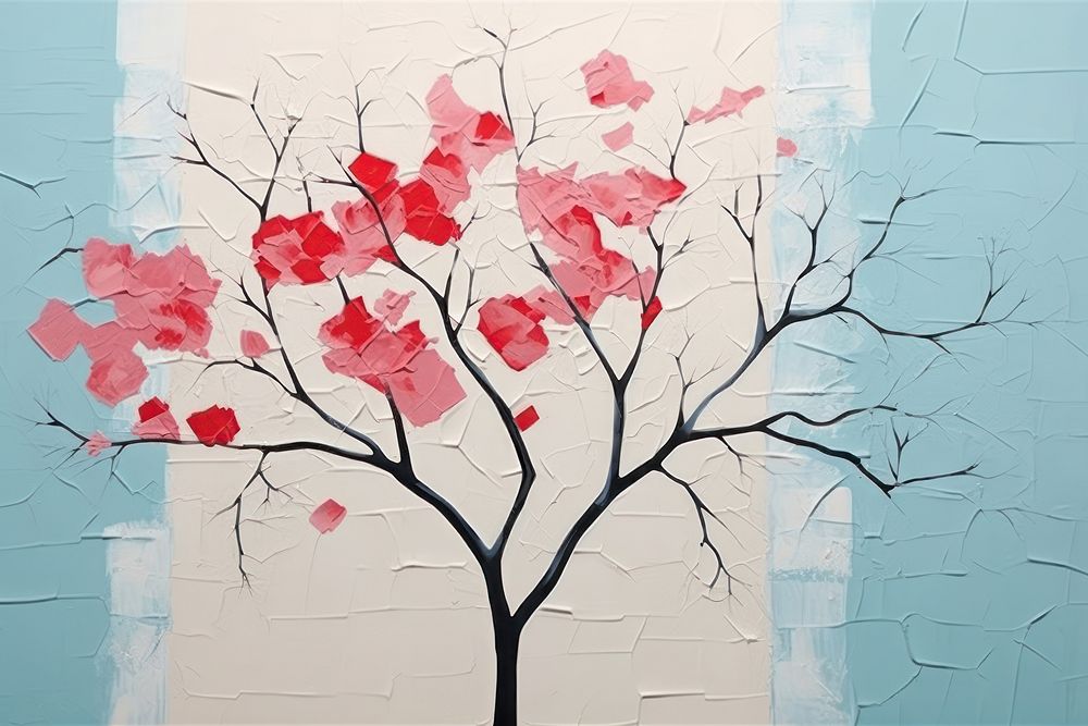 Abstract winter tree ripped paper collage art painting flower.