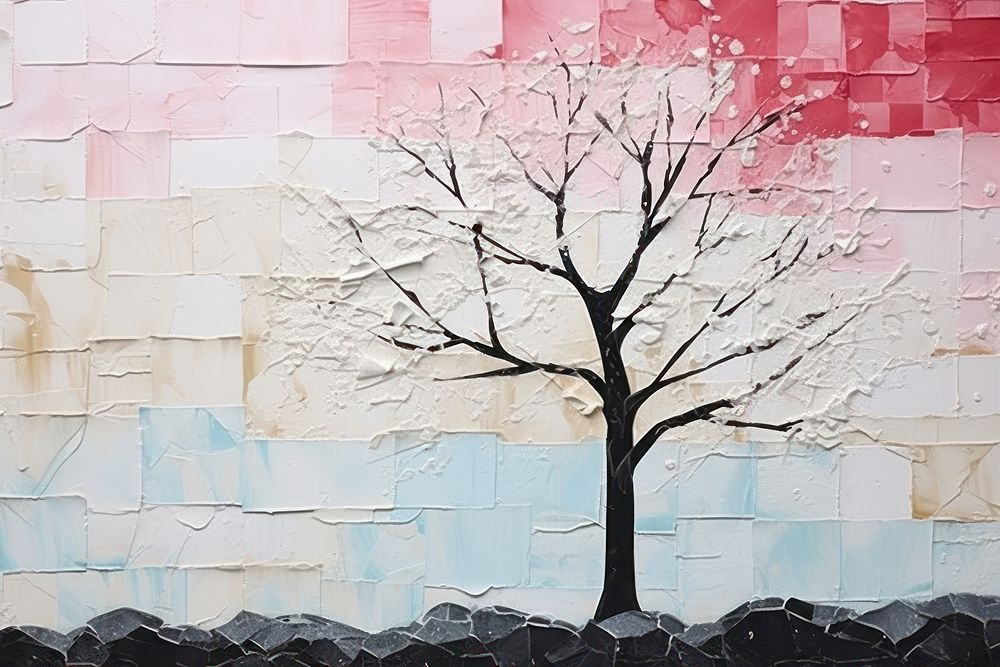 Abstract winter tree ripped paper collage art painting plant.
