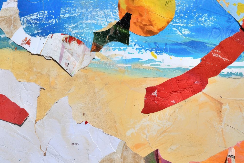 Abstract beach ripped paper art painting collage.