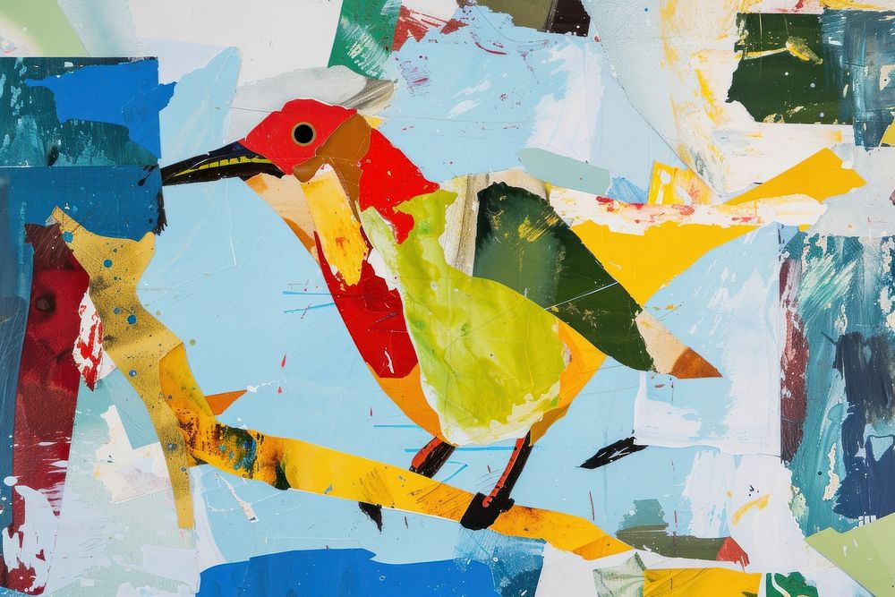 Abstract bird ripped paper art painting collage.