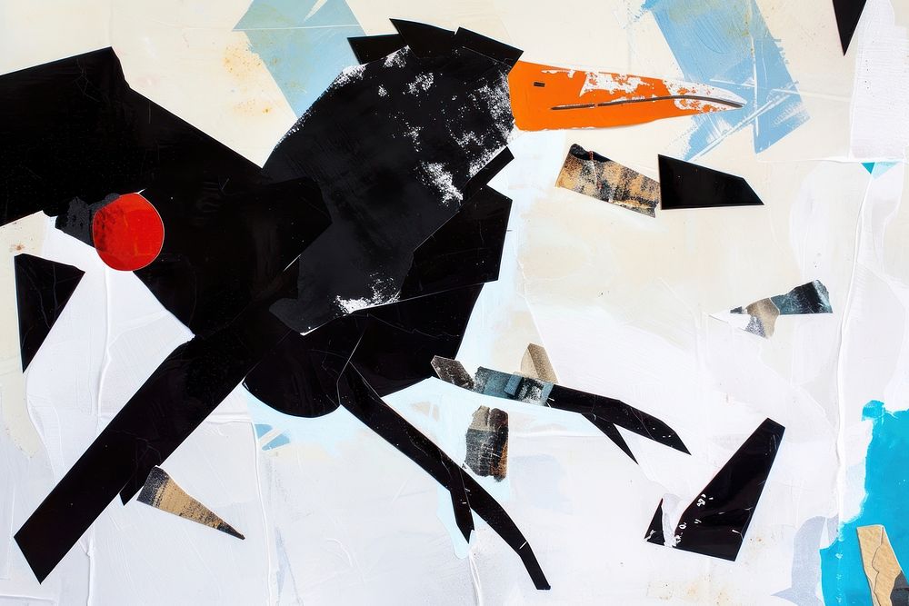 Abstract bird ripped paper collage art painting.