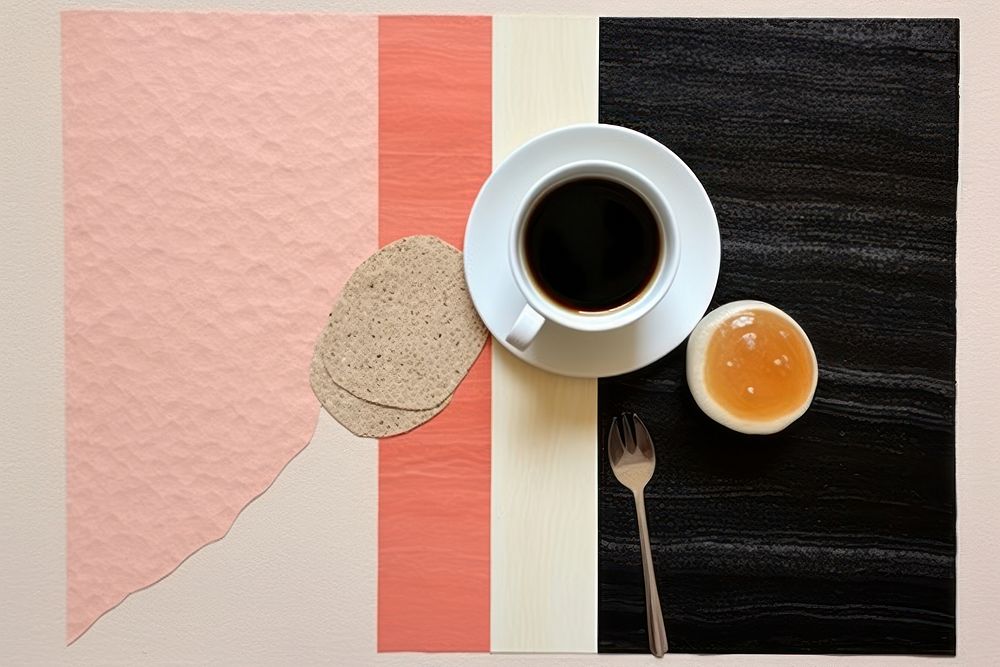 Abstract breakfast ripped paper collage coffee spoon drink.
