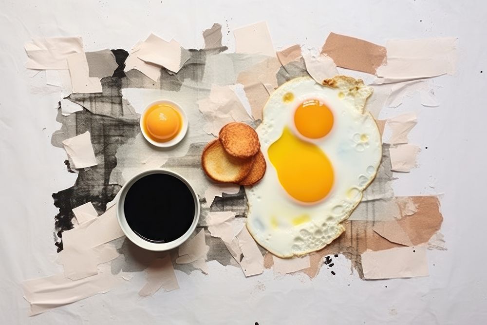 Abstract breakfast ripped paper food egg refreshment.