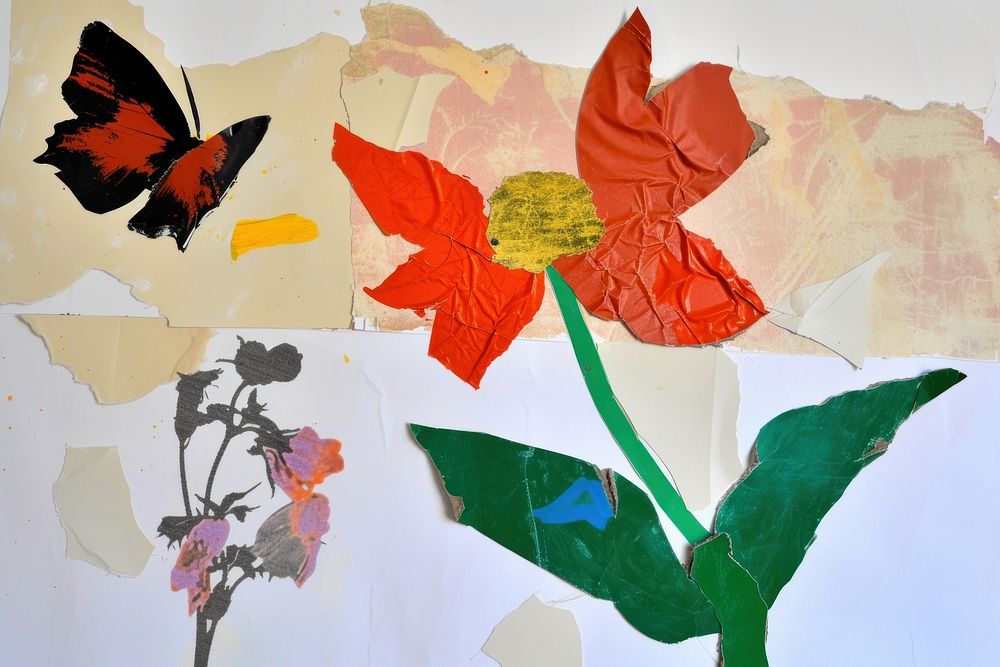 Abstract butterfly and flower ripped paper art painting plant.