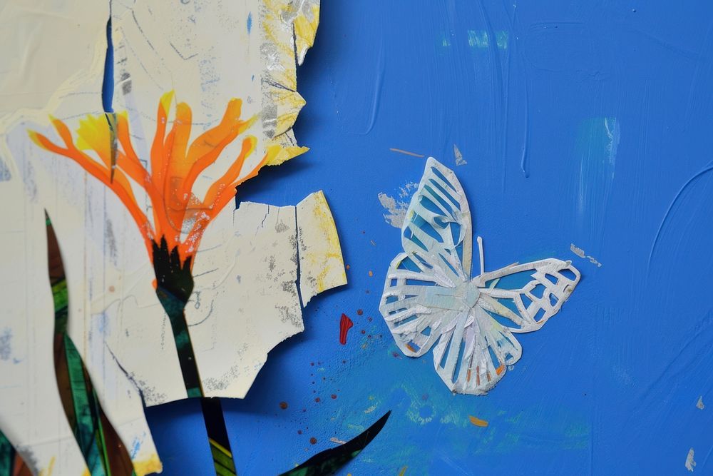 Abstract butterfly and flower ripped paper art painting plant.