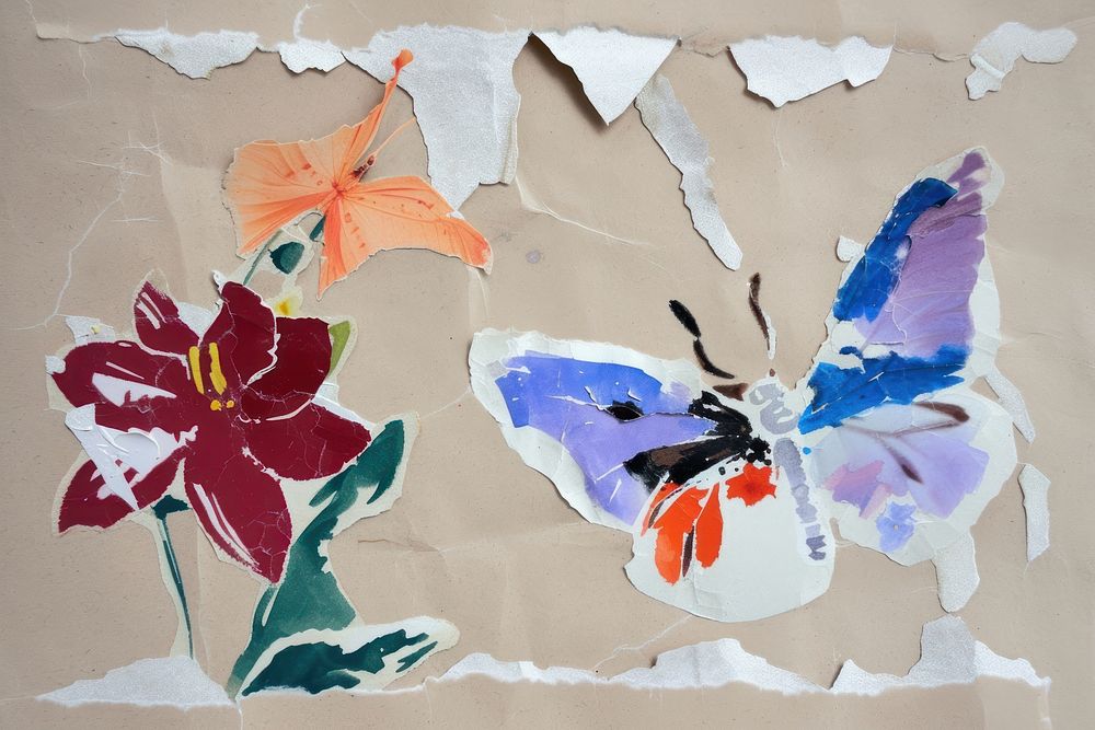 Abstract butterfly and flower ripped paper art painting pattern.