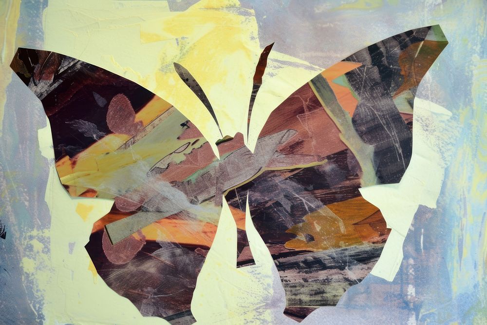Abstract butterfly ripped paper art painting collage.