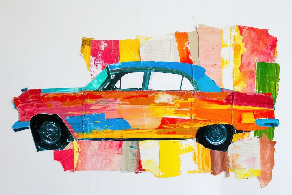 Abstract car ripped paper art painting vehicle.