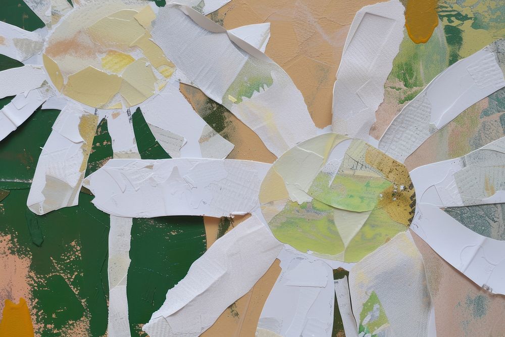 Abstract daisy ripped paper art painting collage.