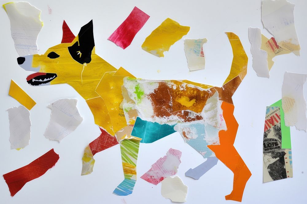 Abstract dog ripped paper art painting collage.