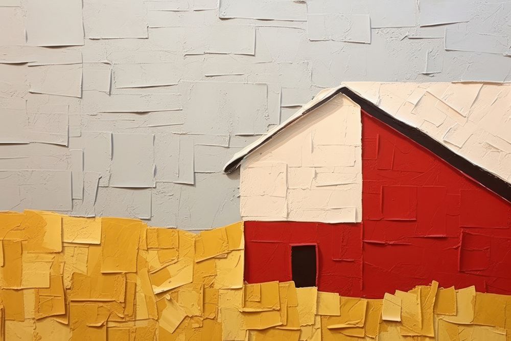 Abstract farm ripped paper collage architecture building wall.