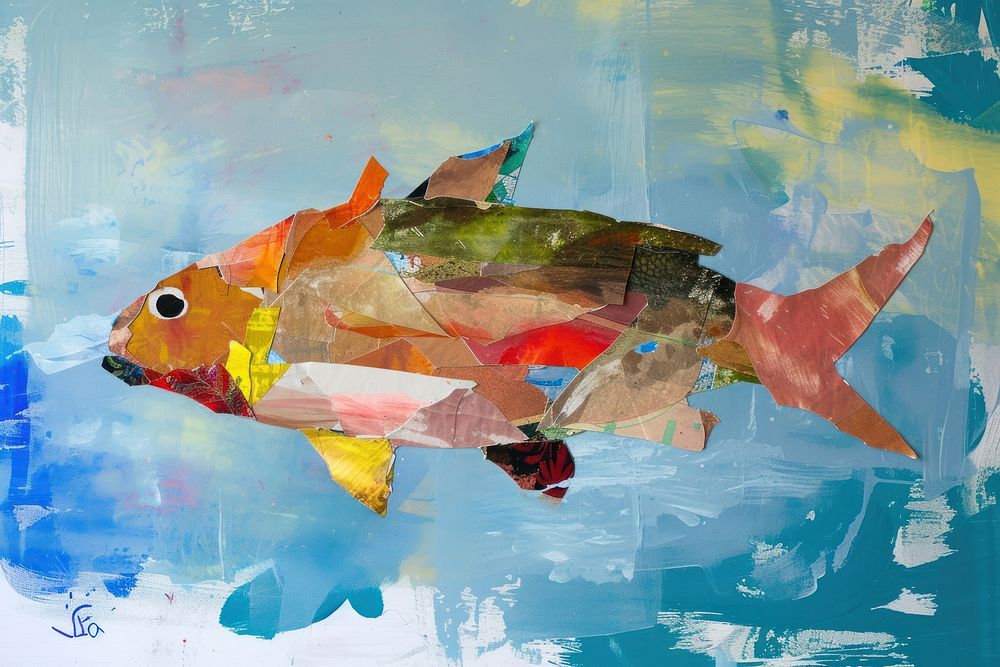 Abstract fish ripped paper art painting animal.