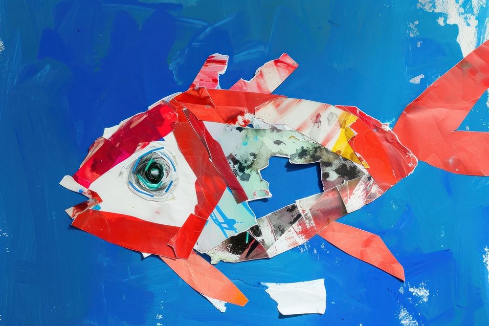 Abstract fish ripped paper art painting collage.