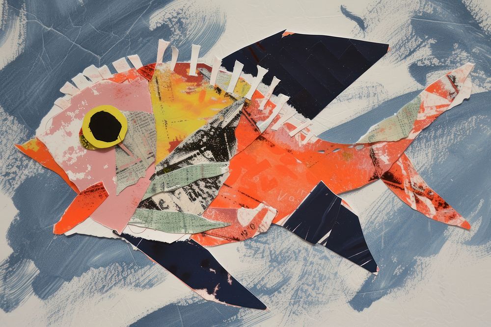Abstract fish ripped paper art animal representation.