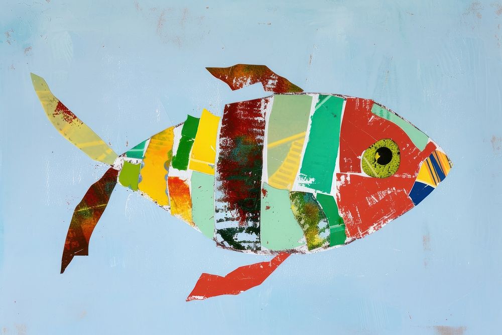 Abstract fish ripped paper art painting animal.