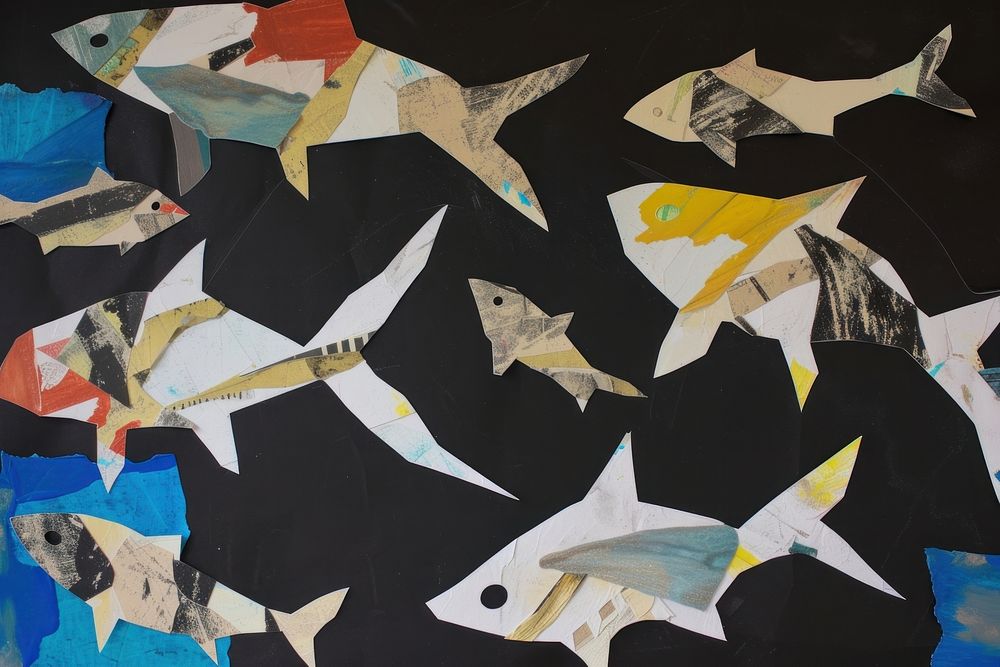 Abstract fishs ripped paper art painting origami.