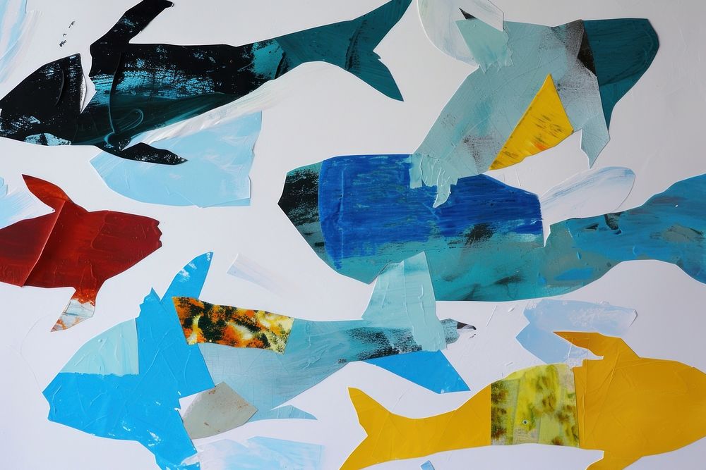 Abstract fishs ripped paper collage art painting.