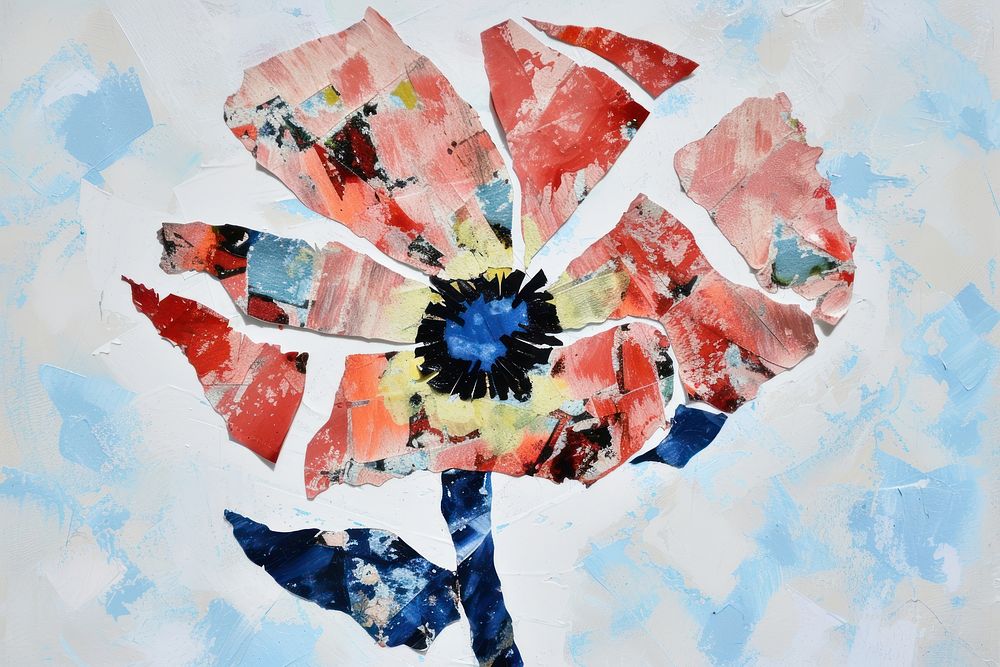 Abstract flower ripped paper art painting collage.