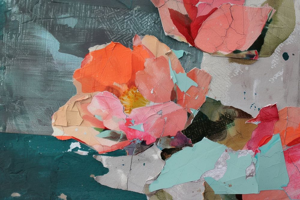 Abstract flowers ripped paper collage art painting.