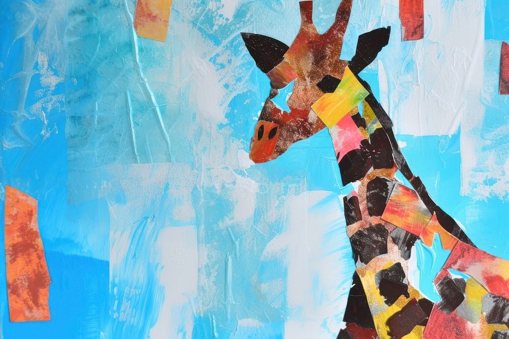 Abstract giraff ripped paper collage art painting.