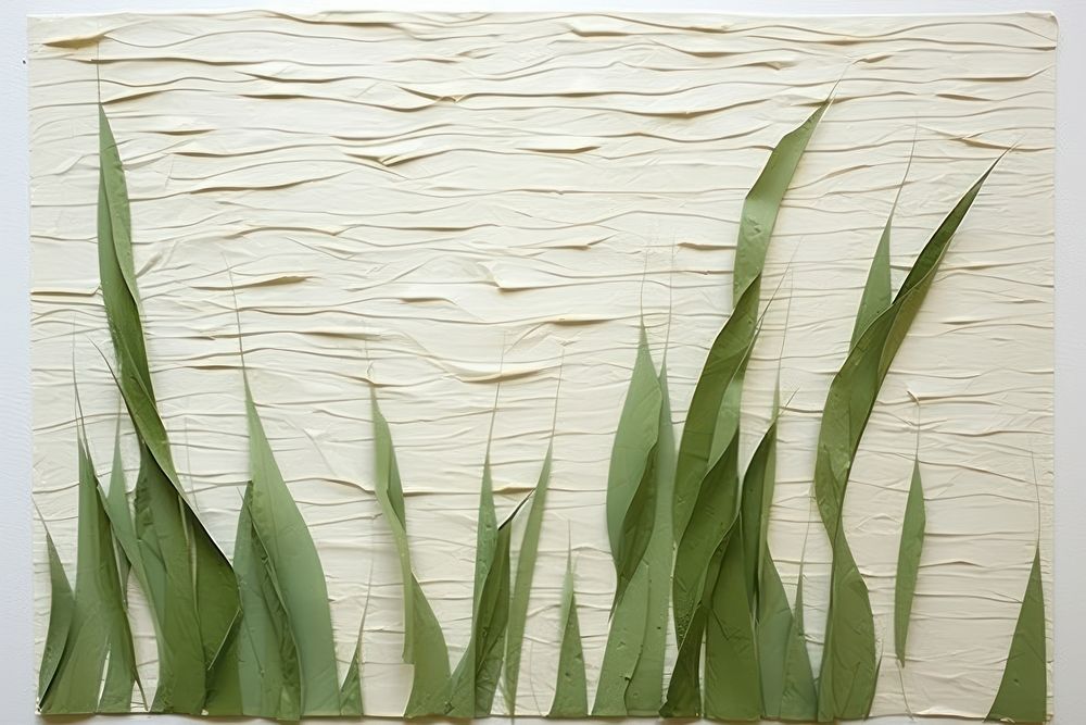 Abstract grass ripped paper collage plant leaf wall.
