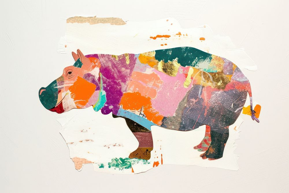 Abstract hippopotamus ripped paper art painting animal.