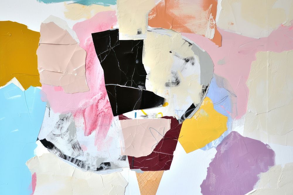 Abstract ice cream ripped paper collage art painting.