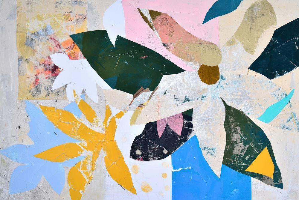 Abstract leaves and flowers ripped paper collage art painting.