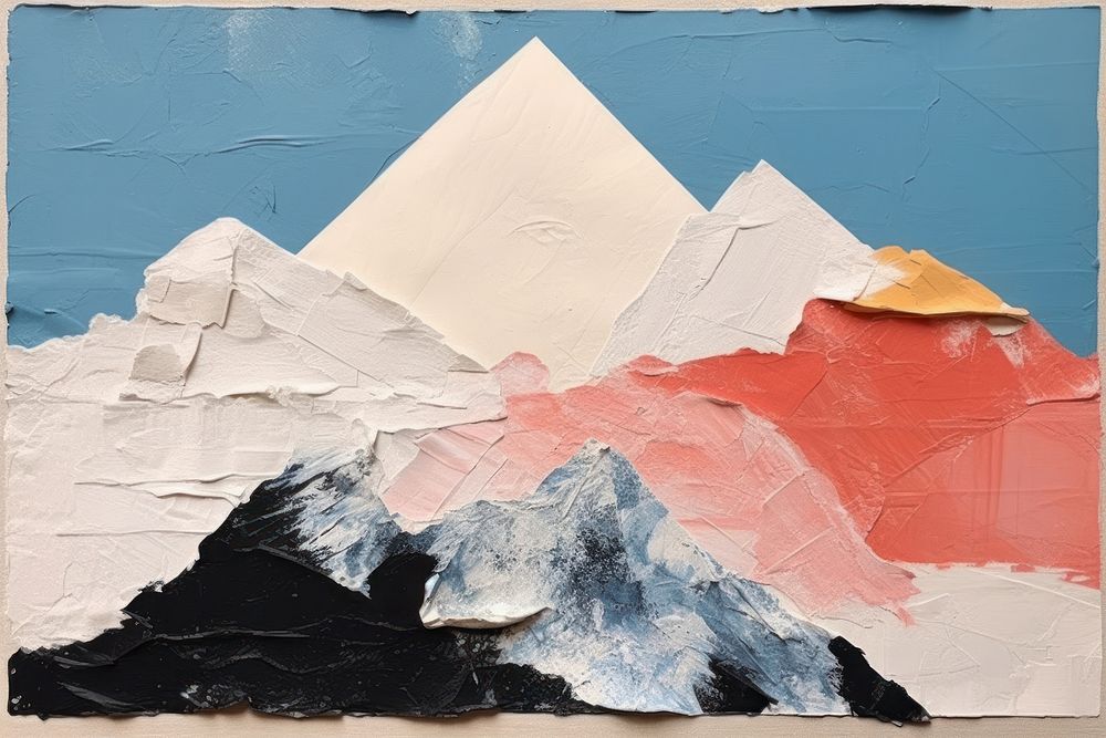 Abstract mountain with snow on top ripped paper art painting collage.