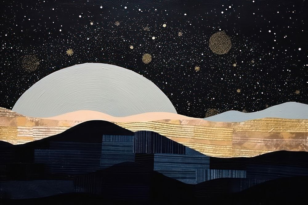 Abstract night sky ripped paper collage outdoors nature art.