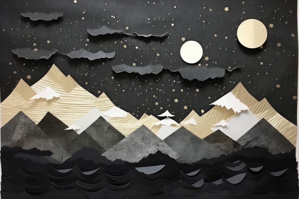Abstract night sky ripped paper collage art architecture tranquility.