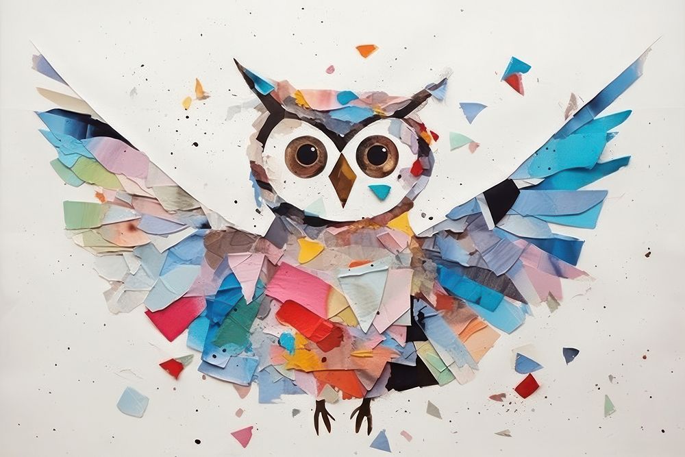 Abstract owl flying ripped paper art representation creativity.