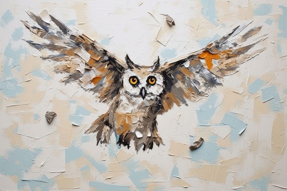 Abstract owl flying ripped paper art painting animal.
