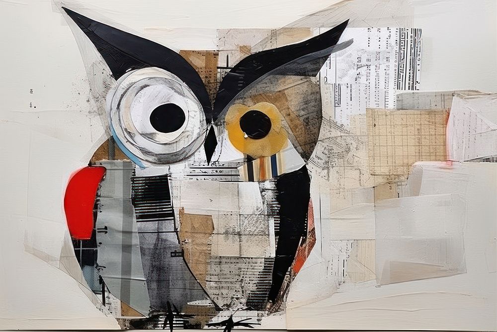 Abstract owl on book ripped paper art painting collage.
