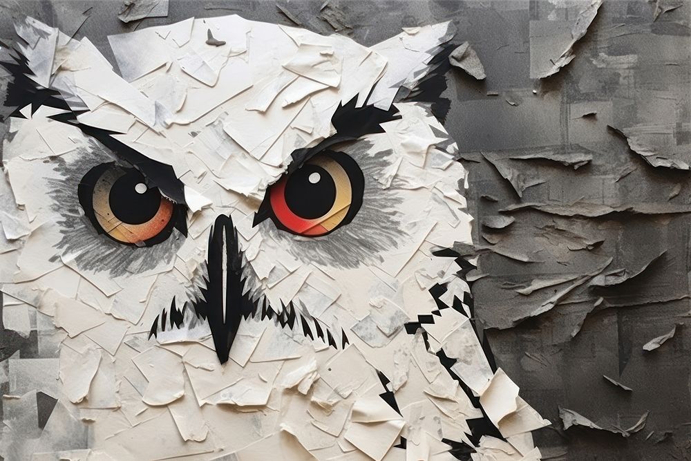 Abstract owl ripped paper art animal representation.