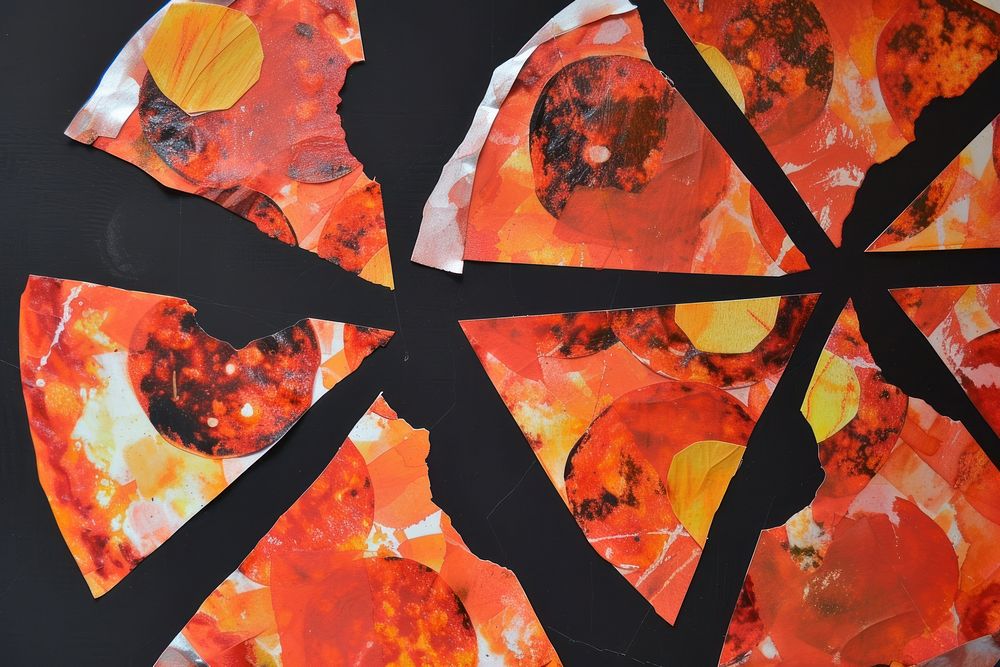 Abstract pizza ripped paper art leaf jack-o'-lantern.