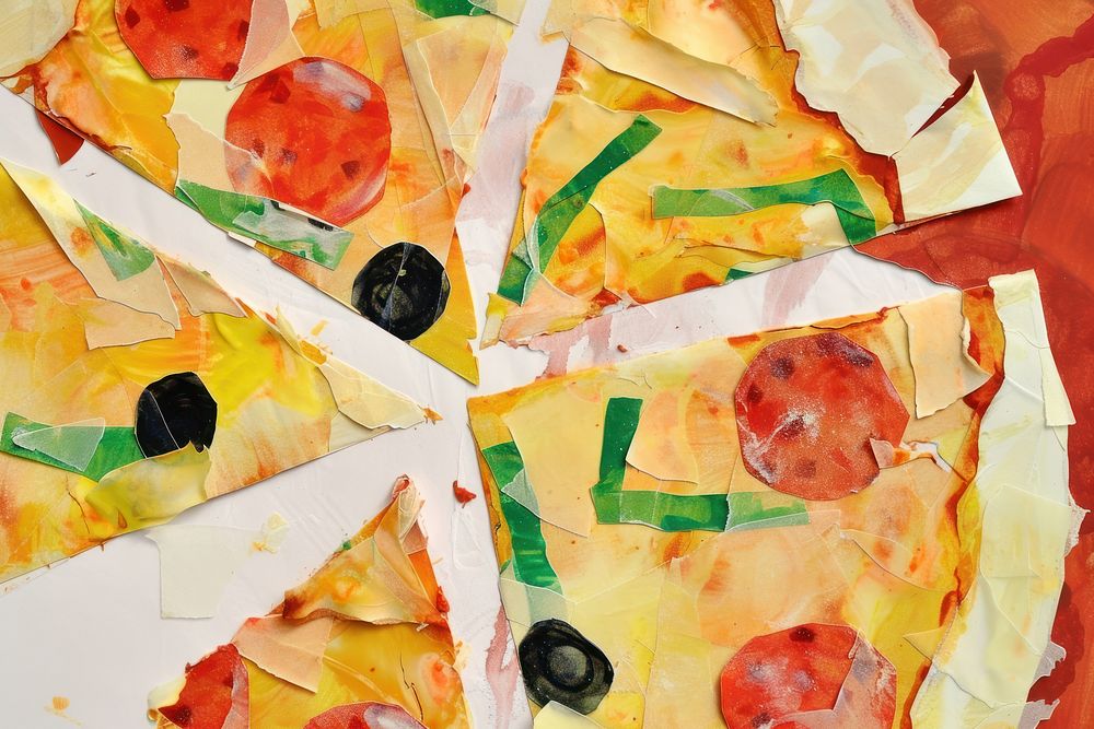 Abstract pizza ripped paper art collage food.