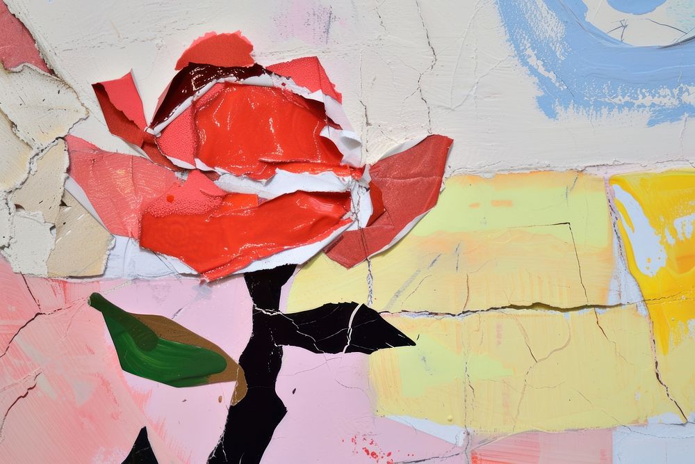 Abstract rose ripped paper art painting collage.
