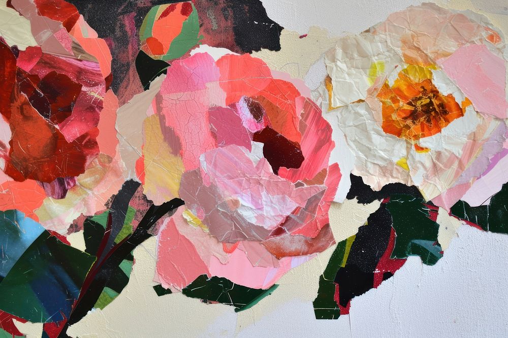 Abstract roses ripped paper art painting collage.