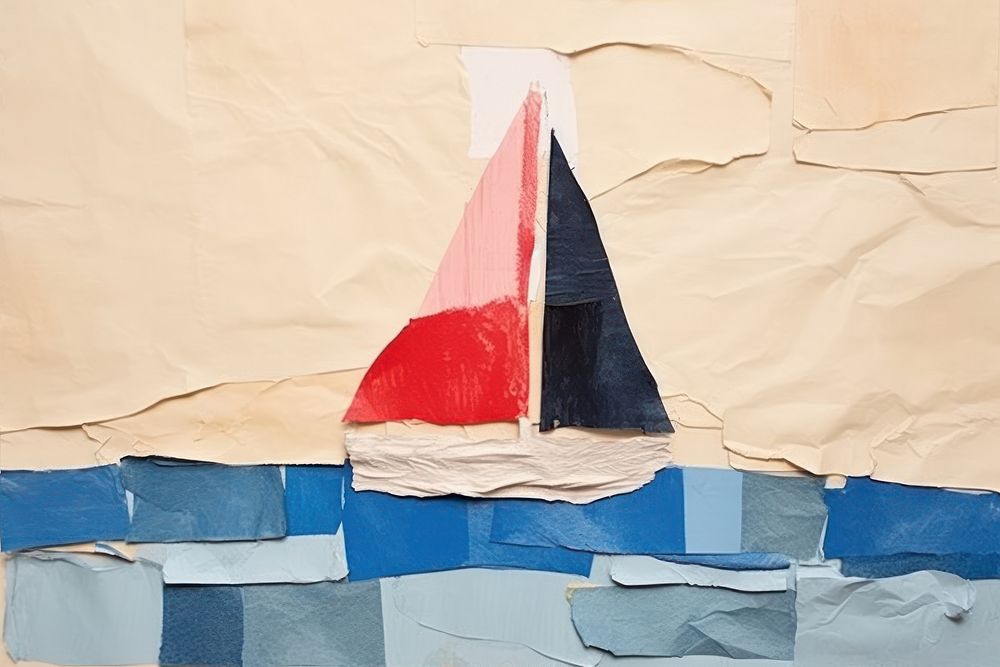 Abstract sailing boat ripped paper collage art painting flag.