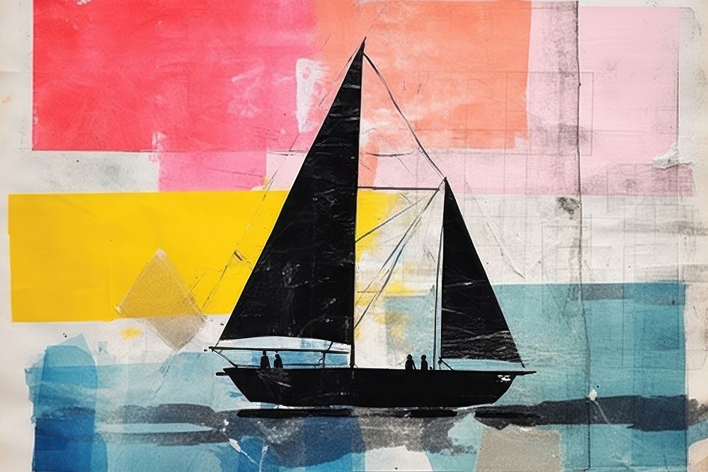 Abstract sailing boat ripped paper collage art sailboat painting.