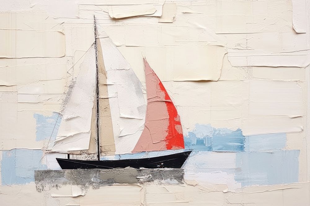 Abstract sailing boat ripped paper collage art watercraft sailboat.