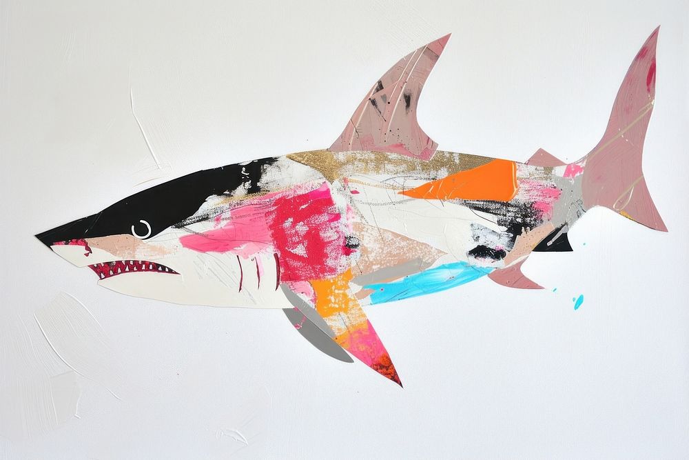 Abstract shark ripped paper art painting collage.