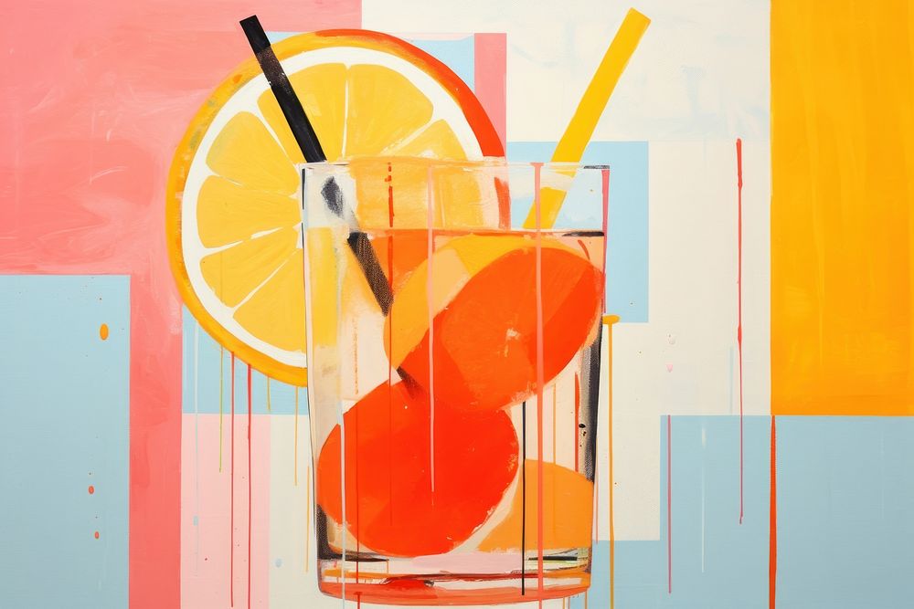 Abstract summer beverage ripped paper collage cocktail fruit drink.